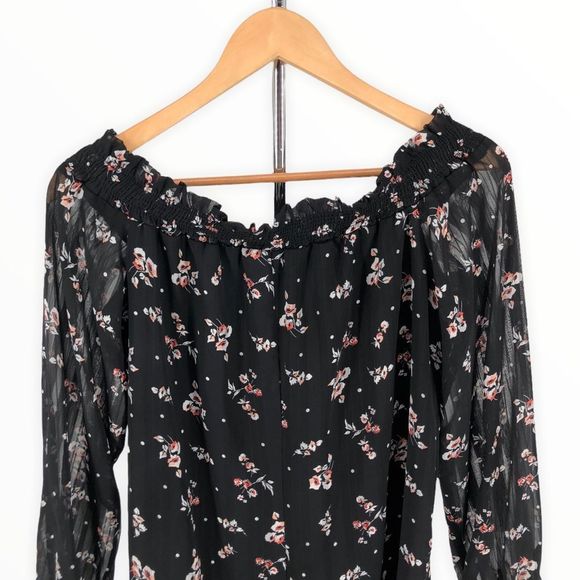 Wayf Black Floral Off Shoulder Long Sleeve Tie Cuff Dress size Large - Picture 6 of 12